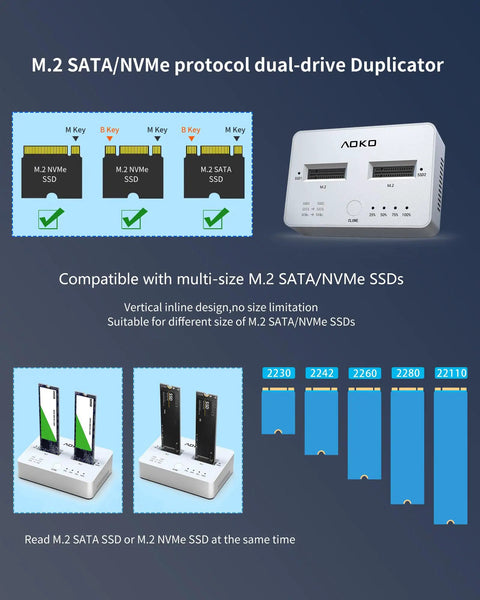 Skip The Hassle With This Knockout M2 NVMe SATA SSD Cloner Double Bay Duplicator Enclosure Tool Free Offline Copy Station USB Adapter PCIE NGFF Storage Units, featuring dual-drive slots and compatibility with various M.2 SSD sizes.