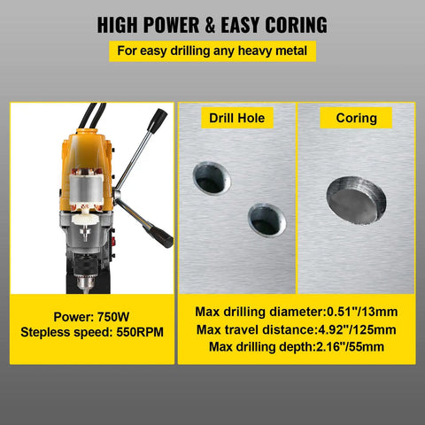 Heavy Duty 8500N Magnetic Drill Press With 750W Copper Motor Offers Brutal Torque For Core Drilling Up To 13mm In Steel Iron Aluminum With Rock Solid Holding Force Portable Tabletop Beast A Must Have Tool For Demanding Pros - Close-up of drill press specs and core holes.