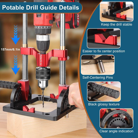 Upgraded Portable Drill Guide For Precise Straight Holes, Adjustable From Zero To Sixty Degrees, shown on a wooden block