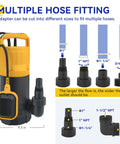 Diagram showing Beast Mode Submersible Sump Pump with multiple hose fittings and adapter options for various sizes.