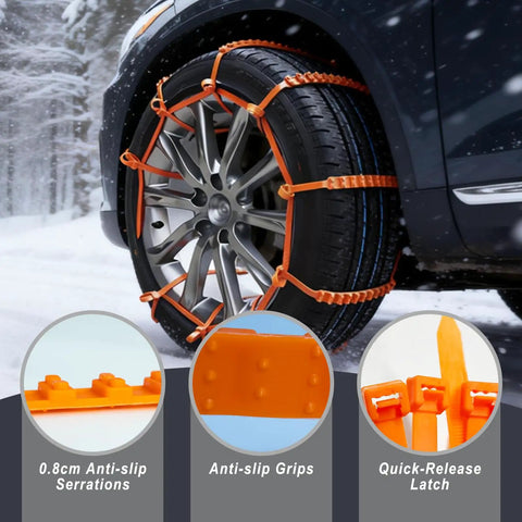 Heavy Duty 20 Piece Snow Tire Chains For Cars And Trucks Zero Hassle Zip Tie Design on tire with anti-slip grips in snow.