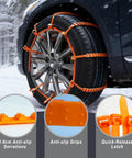 Heavy Duty Zip Tie Snow Tire Chains For Cars With Boss Level Anti Slip Grips Quick Install Link System on tire in snow.