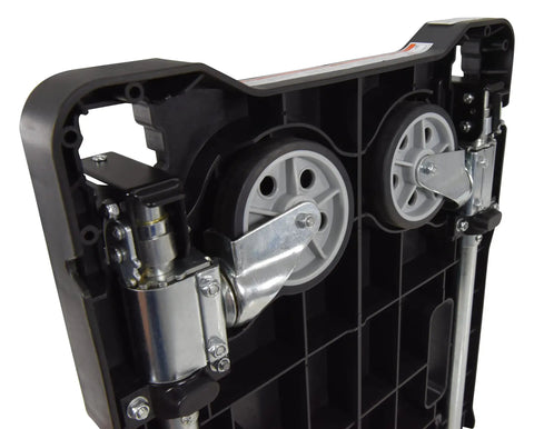 Close-up of wheel and frame details of Plastic Fold Flat Cart Workhorse With Three Height Adjustable Handle Cushioned Grip