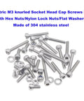 Metric M3 Stainless Steel Socket Head Cap Screws Kit With Hex Nuts Nylon Lock Nuts Flat Washers 260 Pc Set visible contents