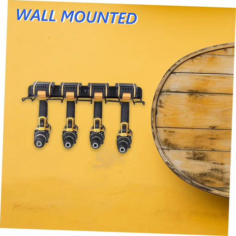 Heavy Duty Wall Mounted Power Tool Holder With Rock Solid Steel Garage Storage Rack For Drills And Hand Tools showing four drills on a yellow wall.