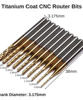 Front-angled view of Genmitsu titanium-coated CNC router bit set with 0.8–3.0 mm diameters and 3.175 mm shank.