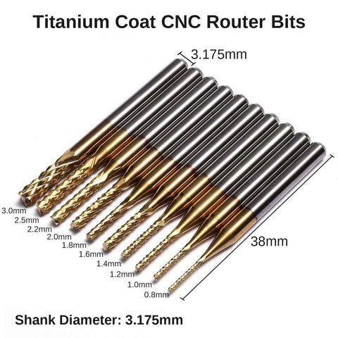 Front-angled view of Genmitsu titanium-coated CNC router bit set with 0.8–3.0 mm diameters and 3.175 mm shank.