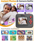 Kids Instant Print Camera With Dual Front And Rear Lenses For Selfies, 1080P Video, shown with fun frames and filters image.