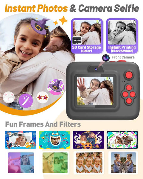 Kids Instant Print Camera With Dual Front And Rear Lenses For Selfies, 1080P Video, shown with fun frames and filters image.