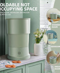 Forest green foldable mini portable washing machine on counter, ideal for baby clothes, dual voltage use, compact for travel