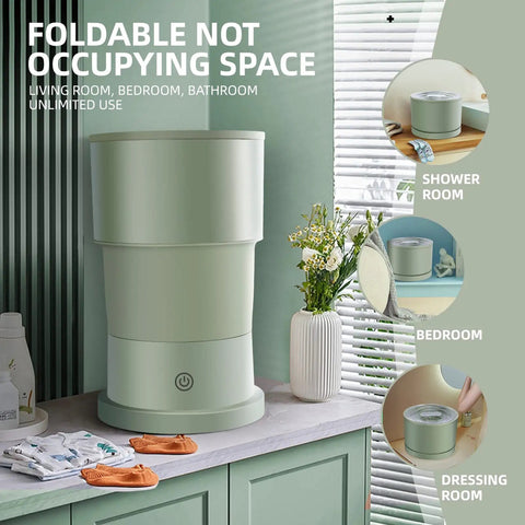 Forest green foldable mini portable washing machine on counter, ideal for baby clothes, dual voltage use, compact for travel