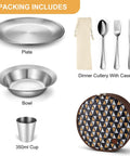 Stainless Steel Camping Mess Kit For 1 Person Portable Tableware Set with plate, bowl, cup, cutlery, and travel case displayed.