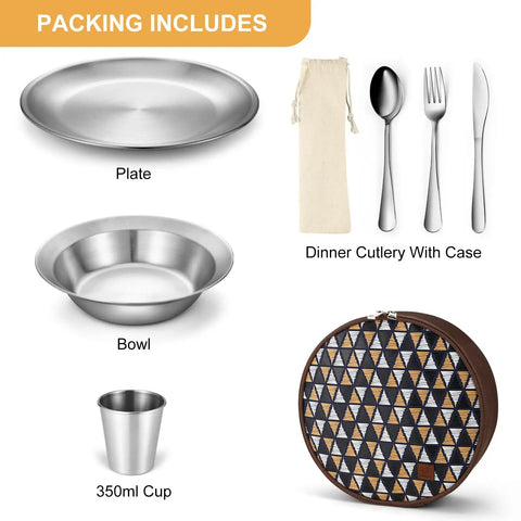 Stainless Steel Camping Mess Kit For 1 Person Portable Tableware Set with plate, bowl, cup, cutlery, and travel case displayed.