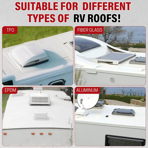 RV roofs with TPO, fiberglass, EPDM, and aluminum showing versatility for RV Roof Sealant 1 Gallon Quick Drying Solar Reflective Coating For Camper And Travel Trailers Leak Repair Flexible Waterproof Membrane Paint In White Weatherproof And Flexible For All Seasons.