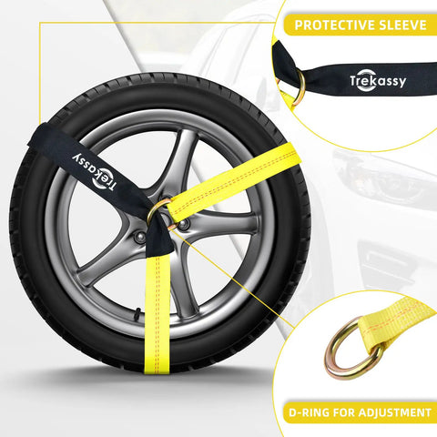 Heavy Duty Car Tie Downs Lock Tight Steel Ratchets Include Six Extra Long Tire Straps on a tire, featuring protective sleeve and D-ring.