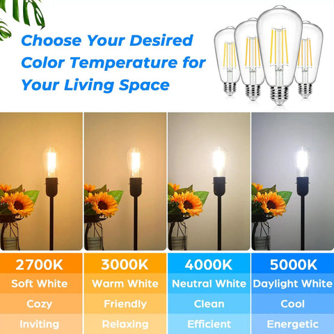 4 Pack Vintage E26 LED Edison Bulbs 100W Equivalent 1400LM, showing different color temperatures in a living space setting.