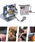 550 Watt Bench Belt Sander Tabletop Variable Speed Grinder With Quick Swap Knife Sharpener closely showing motor and belt assembly.