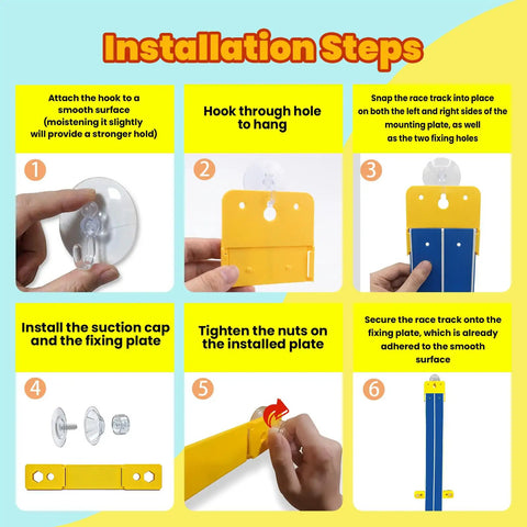 Installation steps for 15-Foot Build-Your-Own Creative Race Track Set For Kids with suction cup attachment visuals