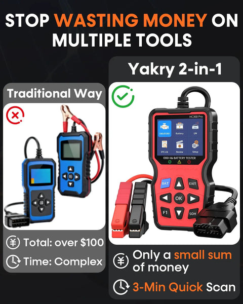 Comparison of traditional tools vs All In One OBD2 Scanner With Battery Tester Read And Clear Check Engine Codes And Diagnose Electrical Faults Fast No Fuss Fits 1996 And Newer Cars 12V Battery Health Test With Quick Setup In About 3 Minutes For Easy Auto Diagnostics