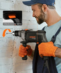 Man using Beefy 7.5 Amp Corded Hammer Drill With 1/2 Inch Metal Chuck, Variable Speed From 0 To 3000 RPM on concrete wall