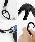 2 Pack Black Paracord Keychain Carabiner Clips With Heavy Duty Chain Hooks, nylon paracord shown with keys and hand illustration