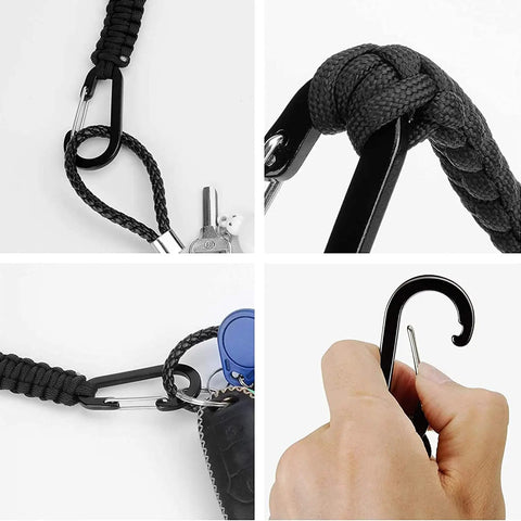 2 Pack Black Paracord Keychain Carabiner Clips With Heavy Duty Chain Hooks, nylon paracord shown with keys and hand illustration