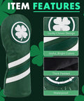 Green golf head cover with four-leaf clover emblem, showcasing features like joyful colors, thick padding, and waterproof material.