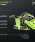 Cordless 24V Brushless Belt Sander Kit With No-Cord Convenience, features cushioned grip, tool-free belt change, dust collection bag.