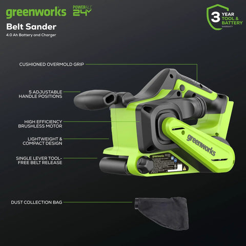 Cordless 24V Brushless Belt Sander Kit With No-Cord Convenience, features cushioned grip, tool-free belt change, dust collection bag.