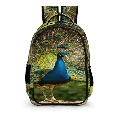 Go To Everyday Carry Unisex Peacock Print Backpack With Full Tail Spread Design in durable polyester, front view