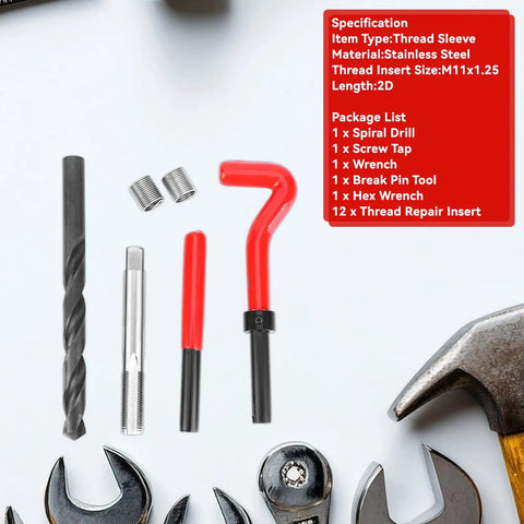 Thread Repair Kit M11x1.25 Metric Female Thread Repair Tool Set with Spiral Drill, Tap Wrench, and Inserts on tool bench.