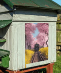 Vintage Steam Train Under Cherry Blossom Tunnel Metal Tin Sign 12x16 Inch Yellow Wildflowers Artwork Rustproof Waterproof Inks Durable
