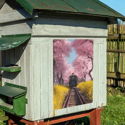 Vintage Steam Train Under Cherry Blossom Tunnel Metal Tin Sign 12x16 Inch Yellow Wildflowers Artwork Rustproof Waterproof Inks Durable