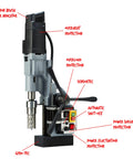 Premium Magnetic Drill Press With Rock Solid 1850 Lb Hold Fast And Killer 14.5 Amp Motor For No Sweat Metal Cutting Up To 2 3 16 Inch Annular Hole Saw Capacity Featuring oil lubrication and safety features labeled.