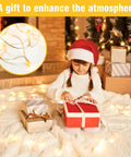 Girl with gifts surrounded by Warm White LED String Lights 70 Ft Waterproof and Connectable for Indoor and Outdoor Holiday Decor