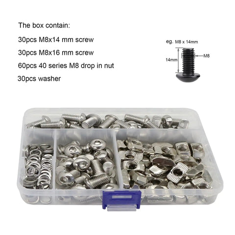 Complete M8 Hardware Kit For 4040 And 4080 Aluminum Extrusion Profiles, image of 60 hex socket bolts, M8 T nuts, washers in box