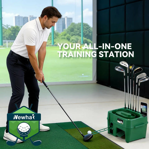 Portable Golf Ball Dispenser And Tee Machine With 50 Ball Capacity in use during indoor practice session.