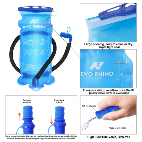 Hydration Backpack With 3L Water Bladder, featuring large opening, soft mouthpiece, and high flow valve for easy use.