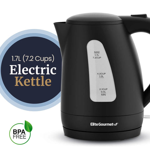 Fast Boil 1.7L Electric Tea Kettle With 1500W Power BPA Free Auto Shut Off Water Level Window Big Capacity Boiler For Quick Hot Water No Fuss Pour Black, showing side view with water level markings.