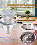 Single Serve Immersion Coffee Maker With Glass Pour Over Dripper And Reusable Stainless Steel Filter on a kitchen counter.