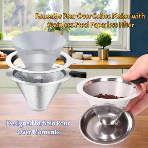 Single Serve Immersion Coffee Maker With Glass Pour Over Dripper And Reusable Stainless Steel Filter on a kitchen counter.
