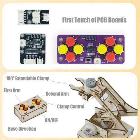 Diagram of Hands On Robotic Arm Kit For Kids Teens And Adults A Real STEM Toy with labeled PCB boards and arm parts.