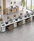 Eight Person Modular Cubicle Workstation Featuring Tall Privacy Panels And Integrated Power Hubs Plus Rolling File Drawers For A Stress Free Big League Office Setup in a modern office.