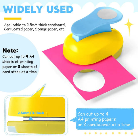 16 Piece Craft Hole Punch Set With 6 Shapes And 2 Inch Punches, yellow punch cutting circular shape in pink cardstock.