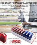 Top Tier Self Inking Office Stamp Set With Eight Gotta Have Rubber Phrases Like Paid And Approved For Smooth Sailing Daily Tasks And Dead Simple Document Management, featuring eight pre-inked stamps in a storage tray.