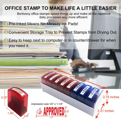 Top Tier Self Inking Office Stamp Set With Eight Gotta Have Rubber Phrases Like Paid And Approved For Smooth Sailing Daily Tasks And Dead Simple Document Management, featuring eight pre-inked stamps in a storage tray.