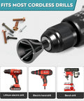 Straight Fire Deburring And Chamfering Tool With Tungsten Carbide Blades Quick Release Quarter Hex Shank Burr Removal Bit For Steel And Metal Fast Chip Clearance Range shown with various drills and bolts.