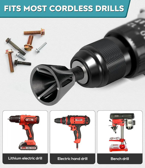 Straight Fire Deburring And Chamfering Tool With Tungsten Carbide Blades Quick Release Quarter Hex Shank Burr Removal Bit For Steel And Metal Fast Chip Clearance Range shown with various drills and bolts.