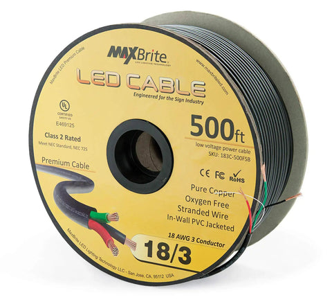 500 Feet Of 18 AWG Low Voltage LED Cable With 3 Conductor Black Jacket For In Wall Speaker Wiring UL Class 2 Certified