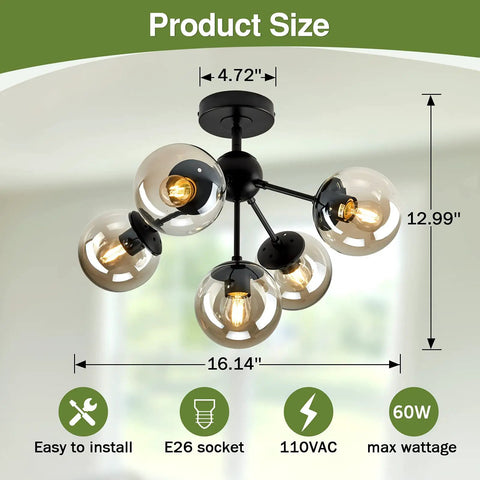 Modern Black Ceiling Light Fixture Semi Flush Mount Chandelier With Five Lights, Smoked Glass Shade, Matte Black Base, Dimensions Shown
